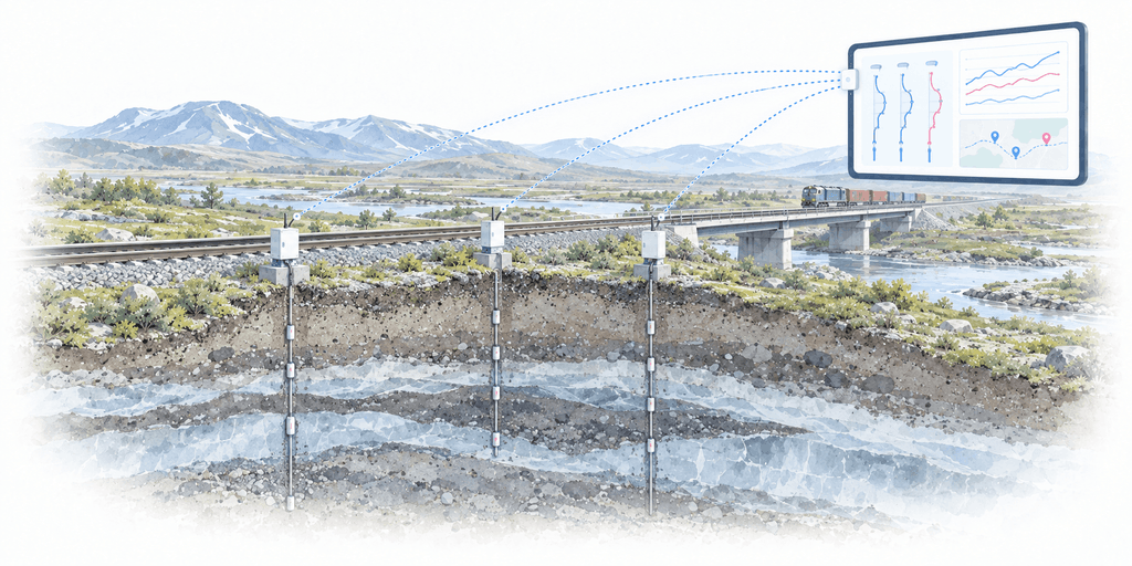 Illustration of permafrost monitoring beneath a railway, with temperature sensors at multiple depths connected to a monitoring dashboard.