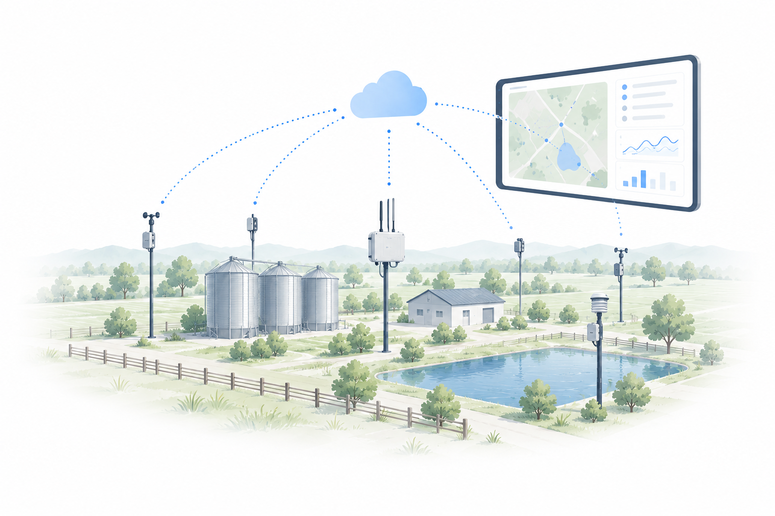 Illustration of connected monitoring across farm, facility and infrastructure operations.