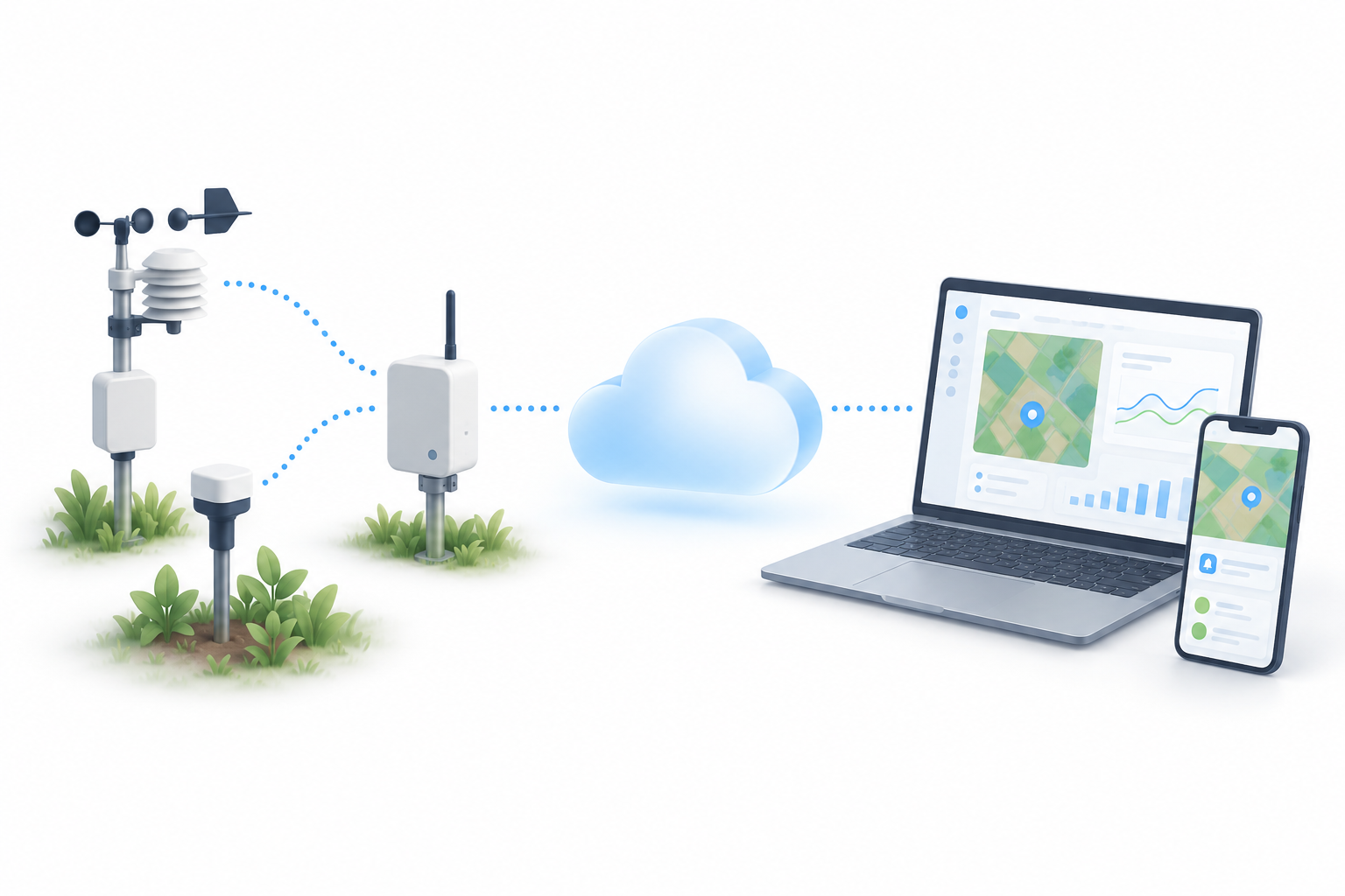 Illustration of sensors and a gateway connecting field measurements to monitoring software.
