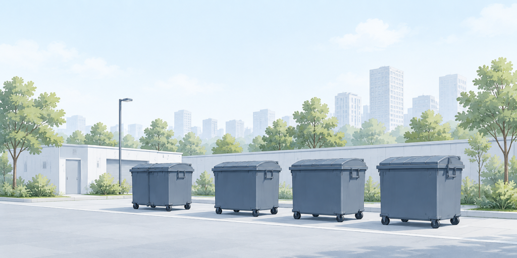 Illustration of connected sensors monitoring waste bin fill levels.